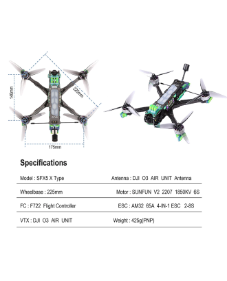 DYS SFX5 X 5-Inch 6S HD DJI O3 Freestyle FPV Drone with F722 FC, 65A AM32 ESC & GPS