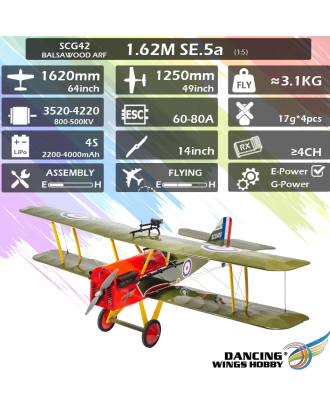DW Hobby SE5a 1.62M (63.8") 1:5 Scale ARF Balsa RC Plane – SCG42